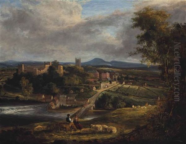 Shepherds Resting On A Hillside With A Riverside Town Beyond Oil Painting by George Vincent