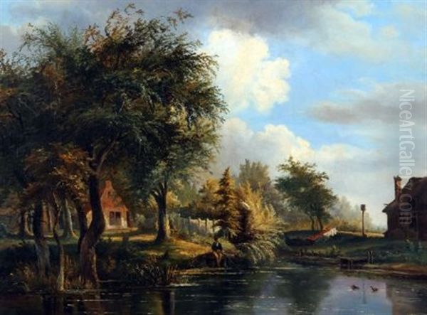 The River Yare With Cottage And Young Man Fishing From The Bank Oil Painting by George Vincent