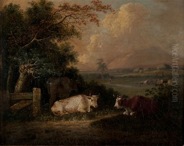 Environs De Rouen Avec Au Loin Le Mont Gargan, Vaches Au Premier Plan Oil Painting by George Vincent