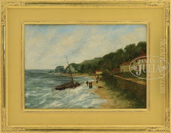 Coastal Scene With Figures On Beach With Fishing Boat Oil Painting by Harry Aiken Vincent