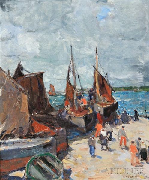 Unloading The Catch, Brittany Oil Painting by Harry Aiken Vincent