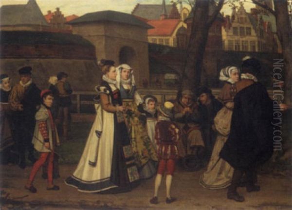 A Medieval Street Scene Oil Painting by Franz Kaspar Huibrecht Vinck