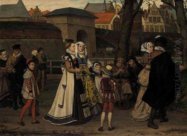 A Medieval Street Scene Oil Painting by Franz Kaspar Huibrecht Vinck