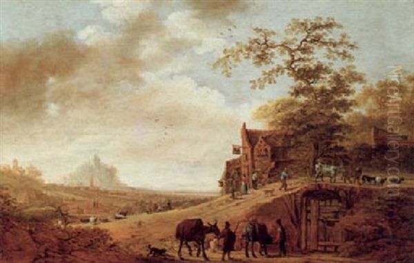 Landschaft Mit Dorf, Zwei Eseltreibern Und Anderen Figuren Oil Painting by Jan Harmensz Vinck