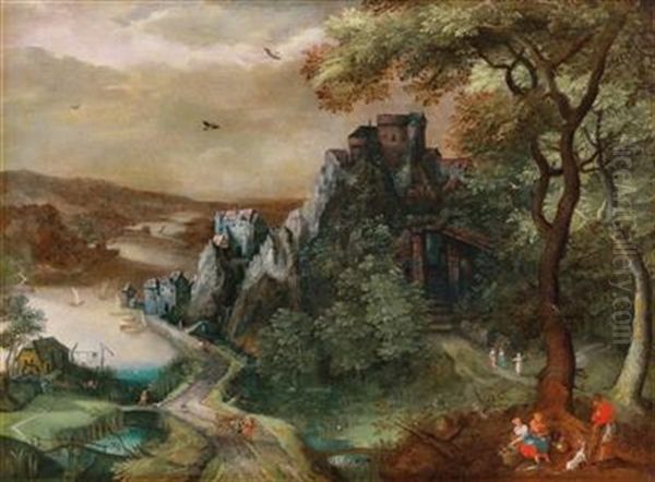 An Extensive Mountainous River Landscape With A Castle On A Hill Oil Painting by David Vinckboons