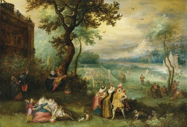 Elegant Company Making Merry In An Ornamental Garden By A Country House - An Allegory Of The Five Senses Oil Painting by David Vinckboons