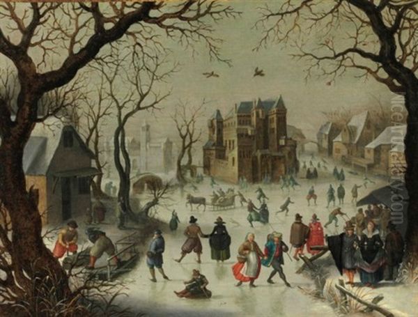 A Winter Landscape With A Horse-drawn Sledge And Figures Skating And Sledding Oil Painting by David Vinckboons