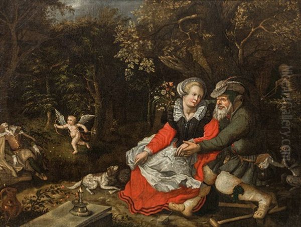 Old Man, Young Woman, Winged Cupid - Allegory Of Love Oil Painting by David Vinckboons