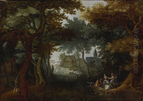 Elegant Hunting Party At Rest In A Forest Oil Painting by David Vinckboons