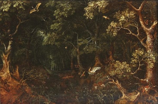 Paysage Forestier , Animaux, Et Chasseur Dans L'arriere Plan Oil Painting by David Vinckboons