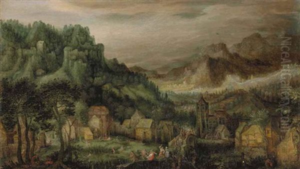 An Extensive Mountainous Landscape, With The Return From The Kermesse Oil Painting by David Vinckboons