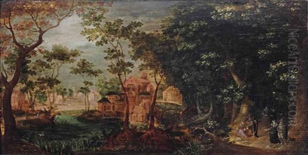 A Wooded Landscape With An Elegant Party And A Town Beyond Oil Painting by David Vinckboons