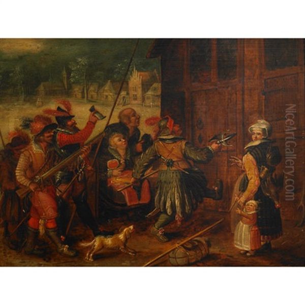 Spanish Soldiers And Village Onlookers Oil Painting by Johannes (Jan) Vinckeboons