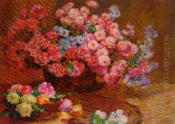 A Basket Of Summer Flowers Oil Painting by Flore Vindevogel-Geleedts