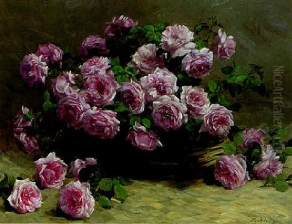 Pink Roses In A Basket Oil Painting by Flore Vindevogel-Geleedts