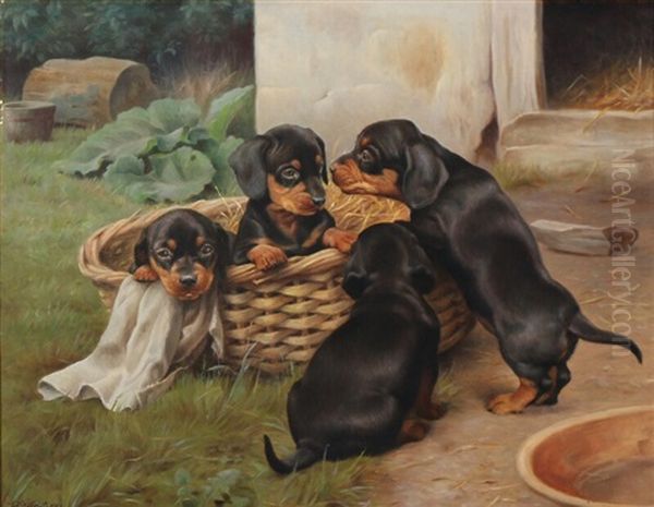 Four Puppies In A Basket by Ejnar Vindfeldt