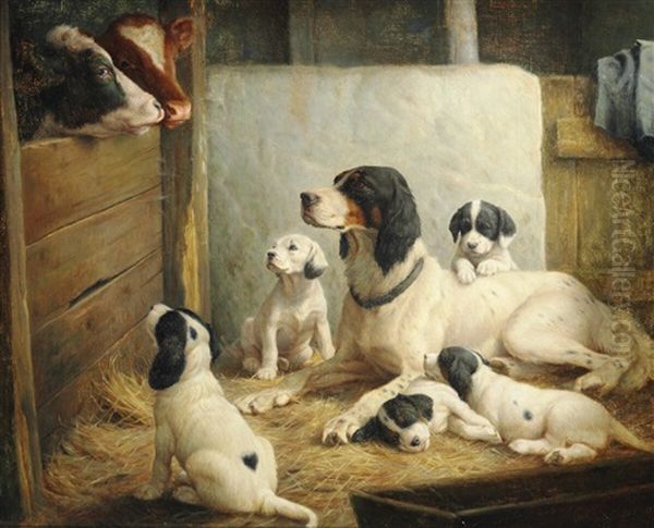 English Setter With A Litter Of Puppets In The Barn by Ejnar Vindfeldt