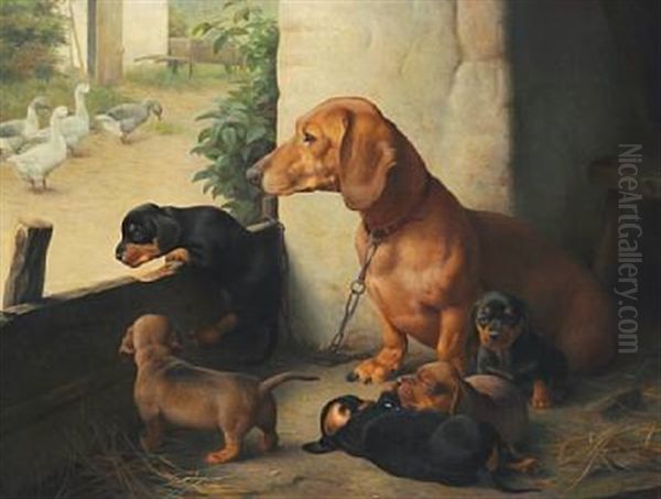 A Dashhound With Puppies In The Courtyard by Ejnar Vindfeldt