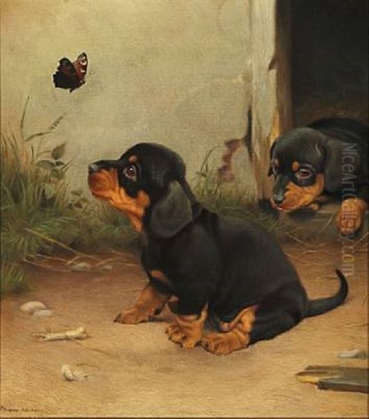 Two Puppies Are Looking At A Small Tortoiseshell Flying By by Ejnar Vindfeldt