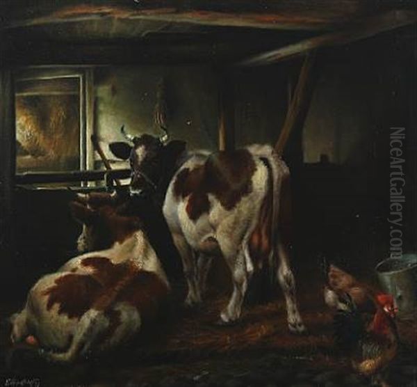 Interior Of A Stable With Cows And A Cock Oil Painting by Ejnar Vindfeldt