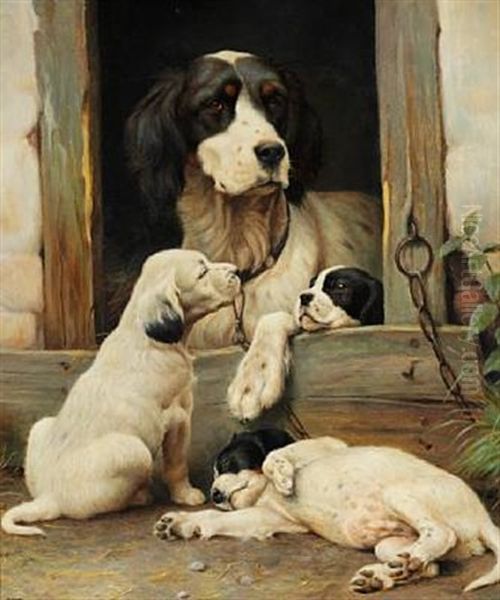 Setter With Three Puppies by Ejnar Vindfeldt