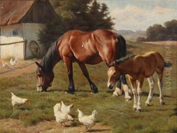 Summer Idyll With Grazing Cows And Chicken Oil Painting by Ejnar Vindfeldt