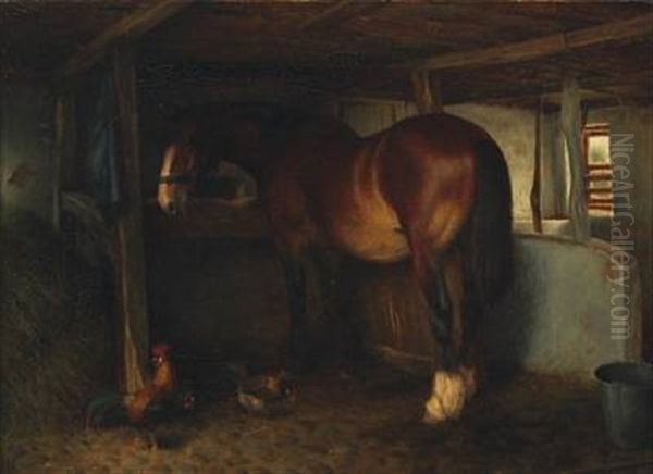 Interior From A Stable With Horse And Fowls by Ejnar Vindfeldt