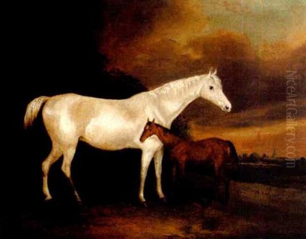 A Mare And Foal In A Landscape Oil Painting by John Vine