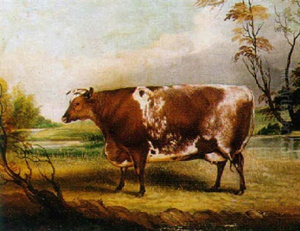 A Prize Bull In A River Landscape Oil Painting by John Vine