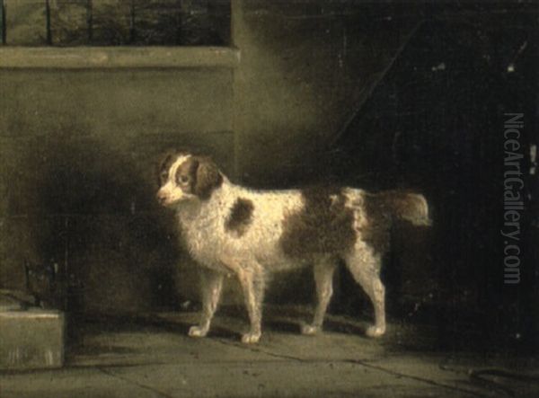 A Spaniel Outside A Kennel Oil Painting by John Vine