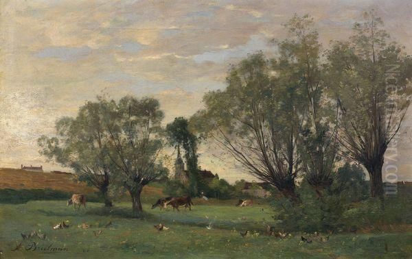 Vaches Et Poules Dans Un Pre Oil Painting by Jacques Alfred Brielman