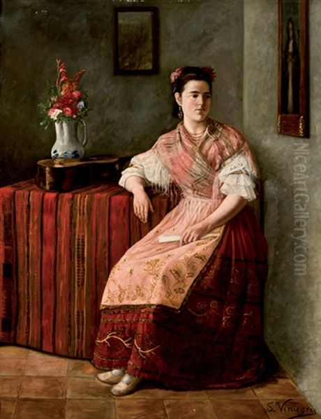 Dama Con Abanico Oil Painting by Salvador Viniegra Y Lasso