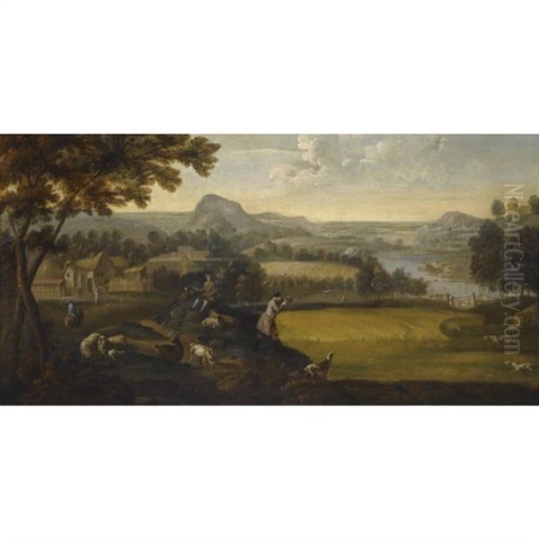 An Extensive Landscape With Figures And A Gentleman Shooting Over Pointers Oil Painting by Jan van der Vinne the Elder