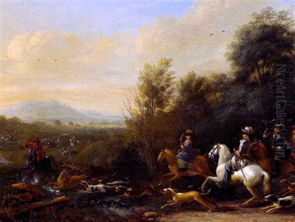 Hirschjagd In Einer Bewaldeten Landschaft Oil Painting by Jan van der Vinne the Elder