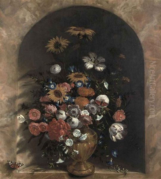 Sunflowers, Roses, Tulips And Other Flowers In A Guilded Vase In A Trompe-l'oeil Marble Niche Oil Painting by Laurens Vincentsz van der Vinne the Elder