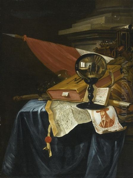 A Vanitas Still Life With A Crystal Ball Reflecting An Image Of The Artist At His Easel, A Book, A Lute, A Flag, A Chipped Roemer, A Flute, A Baton, An Hourglass... Oil Painting by Vincent Laurensz van der Vinne the Elder