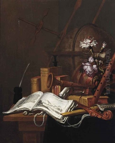 A Vanitas Still Life With An Illustrated Book, Shells, A String Of Pearls, Musical Instruments, A Globe, Books And Flowers In A Glass Vase... Oil Painting by Vincent Laurensz van der Vinne the Elder