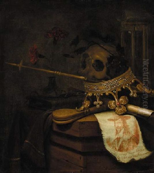 A Vanitas Still Life With A Crown, A Skull, Castanets, Carnations In A Glass Vase, An Hourglass, A Scroll And An Engraved Portrait Of King Charles I Oil Painting by Vincent Laurensz van der Vinne the Elder