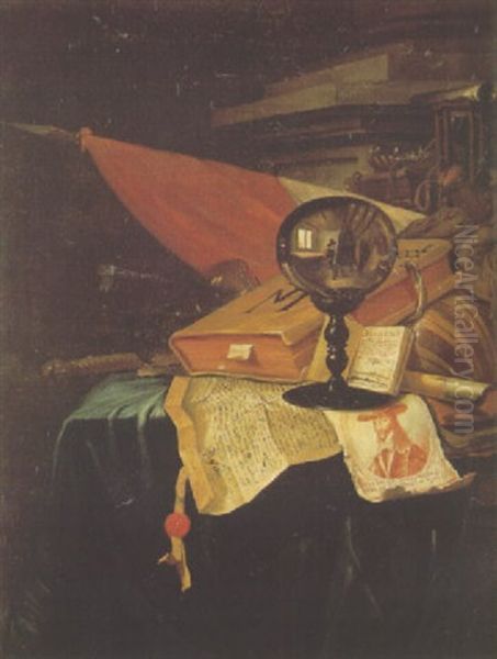 A Vanitas Still Life With The Artist At His Easel Reflected In A Crystal Ball, Portrait Engraving Of King Charles I And Other Objects On A Partly Draped Table Oil Painting by Vincent Laurensz van der Vinne the Elder