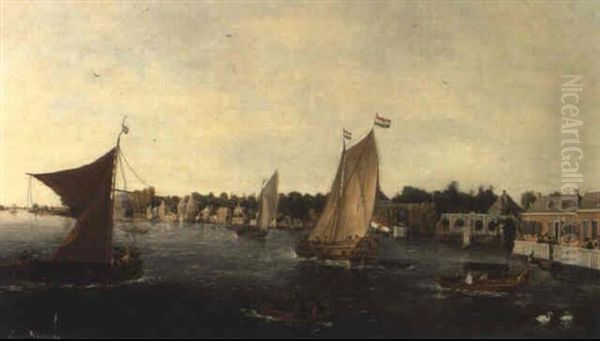 Bateaux Navigant Sur Une Riviere Bordant Des Maisons Oil Painting by Vincent Laurensz van der Vinne the Elder