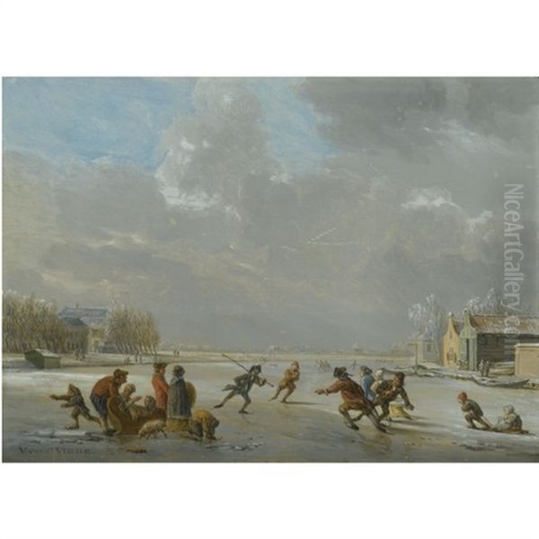 Winter Landscape With Skaters On A Frozen Lake Oil Painting by Vincent Jans van der Vinne