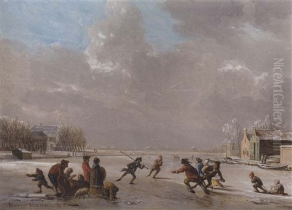 A Winter Landscape With Skaters On A Frozen River Oil Painting by Vincent Jans van der Vinne