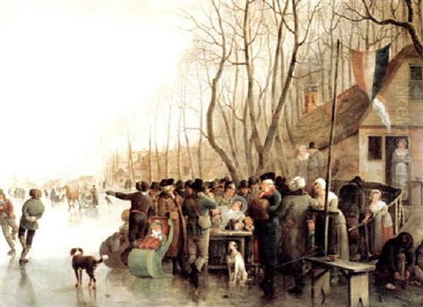 Ice-skating In Holland Oil Painting by Vincent Jans van der Vinne