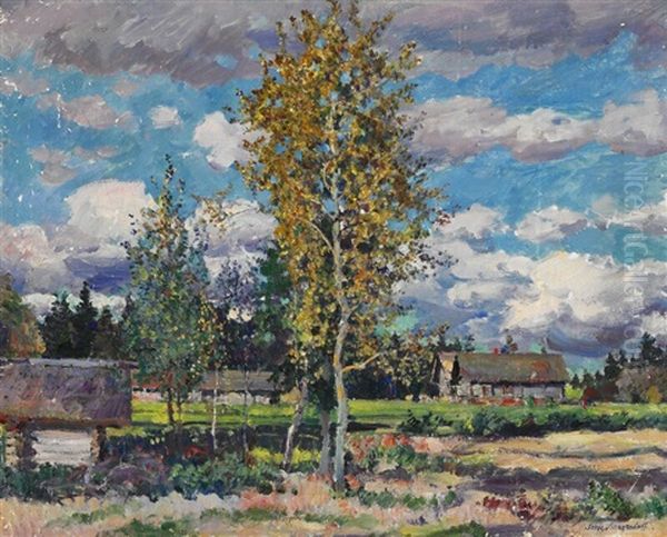 Russian Landscape With Birch Trees And Wooden Houses On A Sunny Day Oil Painting by Sergei Arsenievich Vinogradov