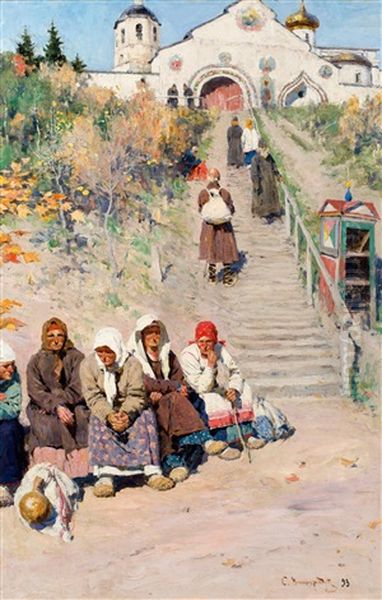 Figurengruppe Mit Orthodoxem Kloster Oil Painting by Sergei Arsenievich Vinogradov