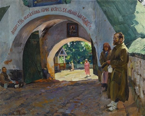 Beggars At The Monastery Gates Oil Painting by Sergei Arsenievich Vinogradov