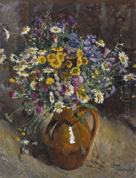 Still Life With Vase Of Flowers Oil Painting by Sergei Arsenievich Vinogradov