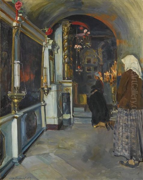 In Front Of The Miracle-working Icon Oil Painting by Sergei Arsenievich Vinogradov