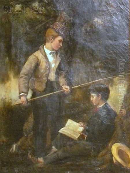 Two Boys Fishing And Reading Oil Painting by Frederick Porter Vinton