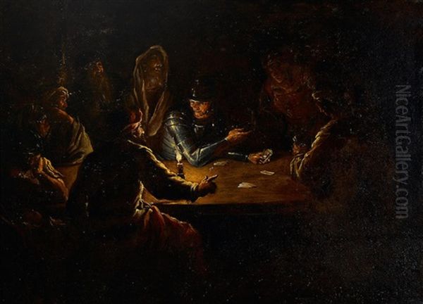 A Soldier In Armor And Others Playing Cards At A Table By Candlelight Oil Painting by Domenico Viola